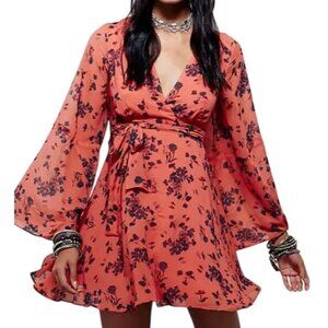 Free People Bohemian Coral Floral Faux Wrap Dress With Bell Sleeves Size L